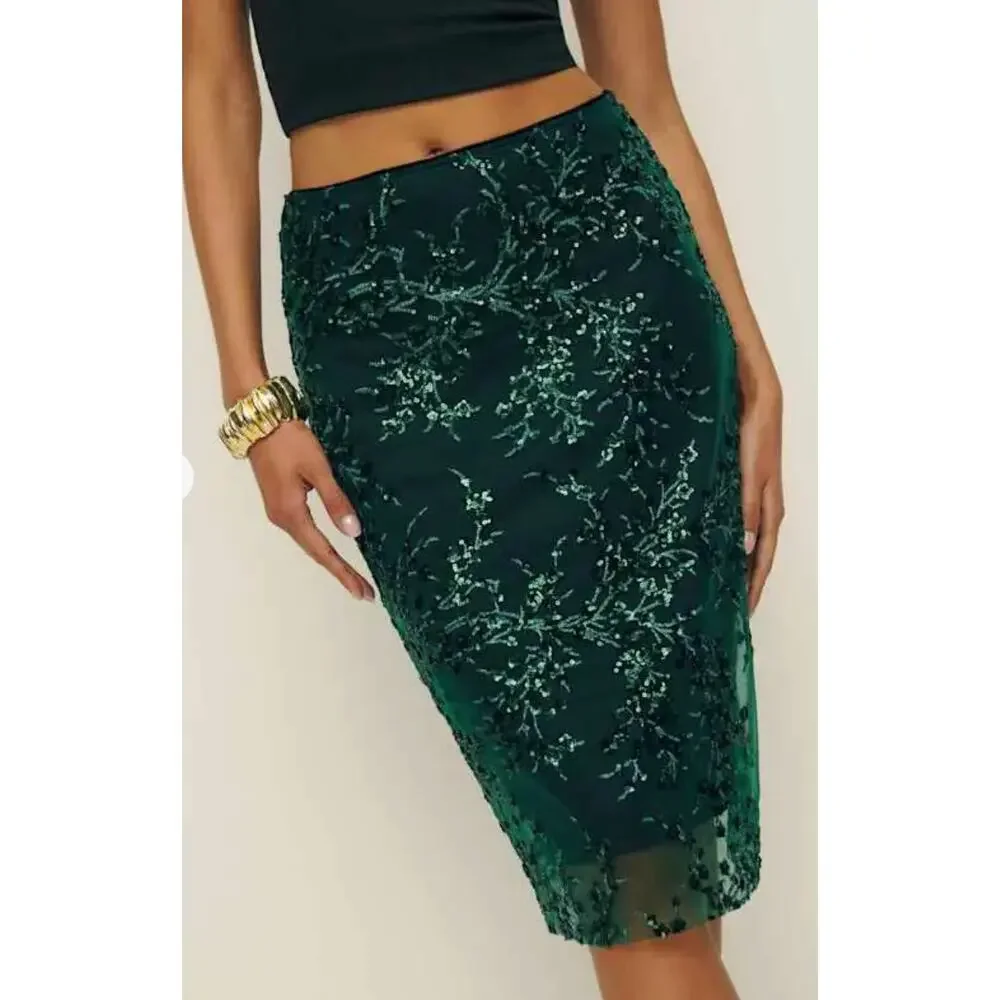 Reformation Skirt 0 Blanca in Forest Green Embellished Sequin Lace Midi Party